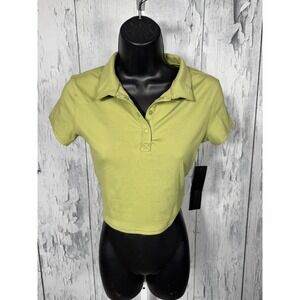 Mono B Lime Green Short Sleeve Polo Crop Top AT-80563 Athletic Shirt Small